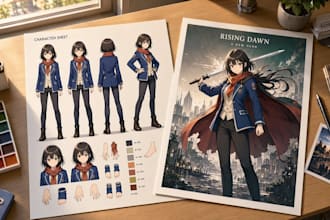 draw character sheets and posters in an anime art style