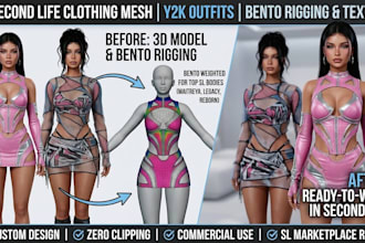 create 3d second life clothing mesh, y2k bento outfit, mesh rig and texture