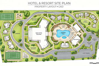design a resort site plan with villas, pool, roads and facilities