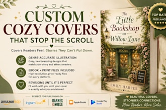 design a custom illustrated cozy mystery or cozy fantasy book cover