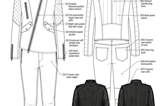 create men suit tech packs and flat technical drawings