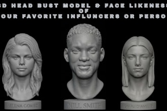 sculpt a realistic 3d head model, face likeness, bust and stl from photo