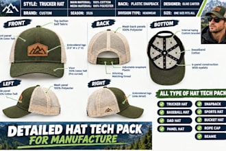 create and design hats and caps with tech packs, mockups, and production drawing