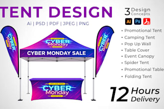 design unique canopy tent, feather flag, backdrop banner