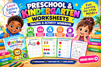 design kids, preschool, kindergarten worksheets and tracing activity workbook