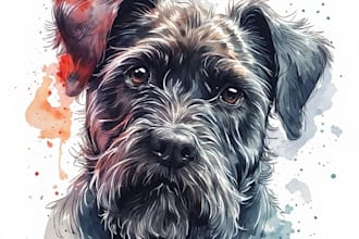 paint a watercolor pet portrait with ink sketch