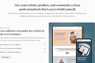 build podia website, online course, membership site, digital product store setup