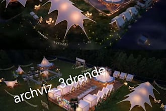 create 3d rendering for gas station, campground and landscape