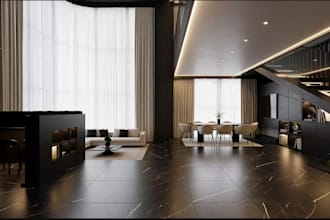 l build luxury penthouse living room with modern kitchen island and builtin oven