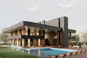 design custom luxury villa exterior with outdoor  swimming pool and lounge patio