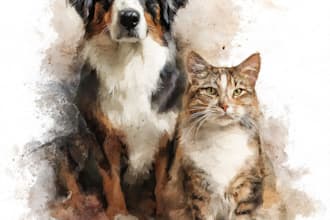 paint a watercolor pet portrait with ink sketch
