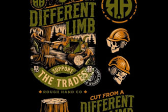 create a rugged vintage skull timber logo with custom illustration