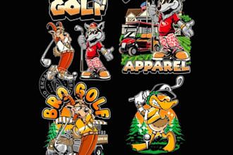 create a rugged off road golf cart cartoon illustration and logo