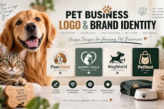 design pet grooming, veterinary, dog daycare, pet shop logo and animal brand kit