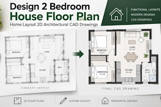 design 2 bedroom house floor plan home layout 2d architectural cad drawings