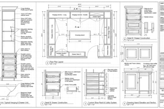 create walk in closet cabinetry layouts with detailed joinery, millwork drawings