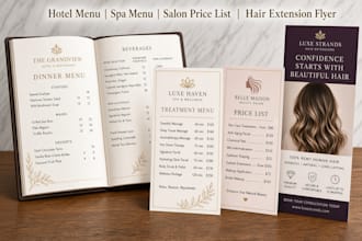 design hotel menu, spa menu, salon price list and hair extension flyer