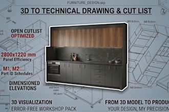 create technical furniture drawings, 3d model, and cut lists