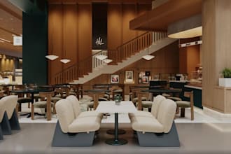 do 3d restaurant design, lobby, luxury 3d cafe interior, coffee shop rendering