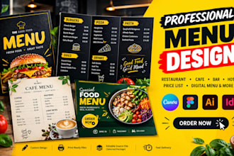 design any menu in canva, figma, adobe illustrator, or adobe indesign