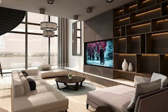 render luxury living room interior, open concept layout, 3d visualization