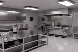 design commercial kitchen layout floor plan 3d visualization, kitchen cabinet