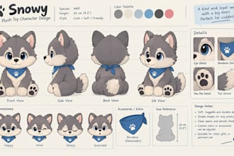 illustrate plushie reference sheet, plush toy design, animals character design