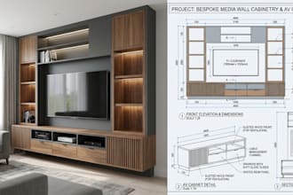 design custom TV media wall cabinetry, av cabinet with detailed shop drawings