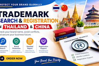 do trademark search, registration in thailand and china to check brand name