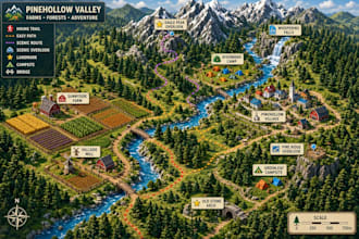 design an isometric farm map, hiking map, or adventure travel map