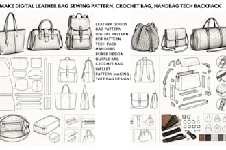 make digital leather bag sewing pattern, crochet bag, handbag tech backpack