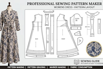 create womens dress, cad sewing pattern, grading and consumption