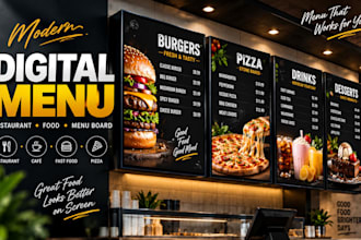 design digital menu, restaurant menu, digital menu board and window graphics