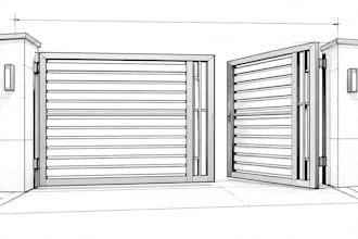 design a modern automatic sliding driveway steel gate with 3d cad drawings