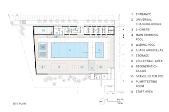 review stamp swimming pool pesign, 2d plans, spa, overflow tank, side sections