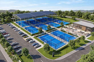 design 3d padel club, 3d baseball facility, tennis, badminton court, pickleball