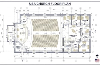 do USA permit 2d architectural plan, church floor plan, 2d sanctuary drawings