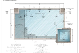 review stamp swimming pool plans, spa, overflow tank, permit ready, spa design