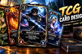 design custom tcg trading cards, card templates, game card art and illustrations
