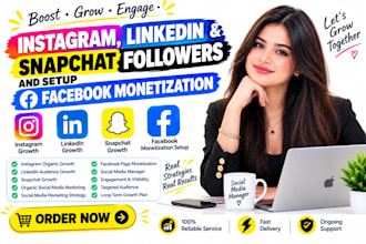 grow instagram, linkdin, snapchat followers and setup facebook monetization