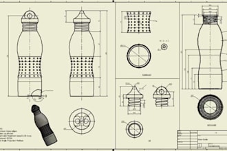 create 3d bottle cad, realistic render and technical drawing