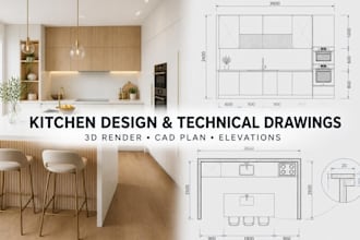 design kitchen interior and provide detailed technical drawings
