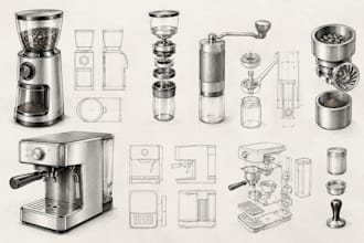 design coffee grinders, grinding cups, coffee grinding machines, 3d cad