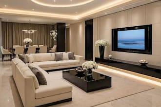 create a modern 3d living room design with realistic render