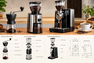 design a coffee grinder, coffee cup grinding, and coffee machine in 3d cad