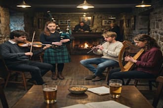record authentic celtic fiddle, bagpipes, tin whistle and harp