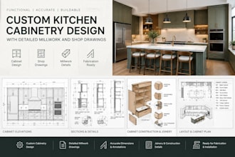 design custom kitchen cabinetry with detailed millwork drawings, base cabinetry