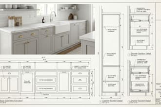 design custom kitchen cabinetry with detailed millwork drawings, base cabinetry