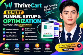 setup thrivecart checkout page,sales page ,downsell page ,upsell page , checkout