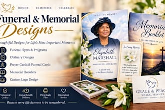 design funeral flyer, obituary design, prayer card memorial booklet, logo design
